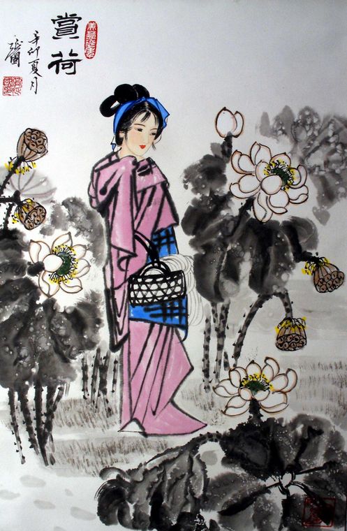 仕女圖賞荷